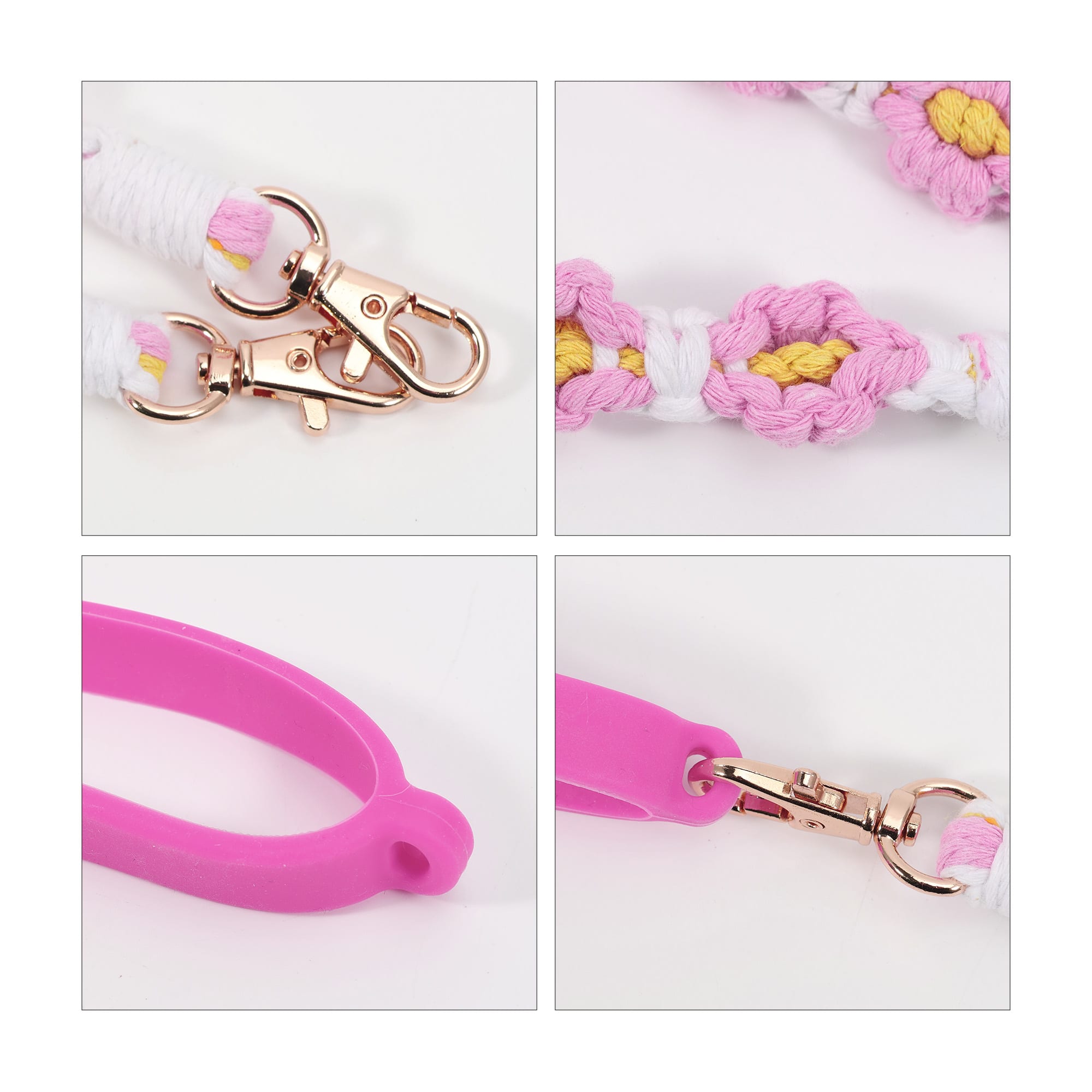 A drink bottle strap in pink and white, featuring woven detailing and metal clips for attachment.