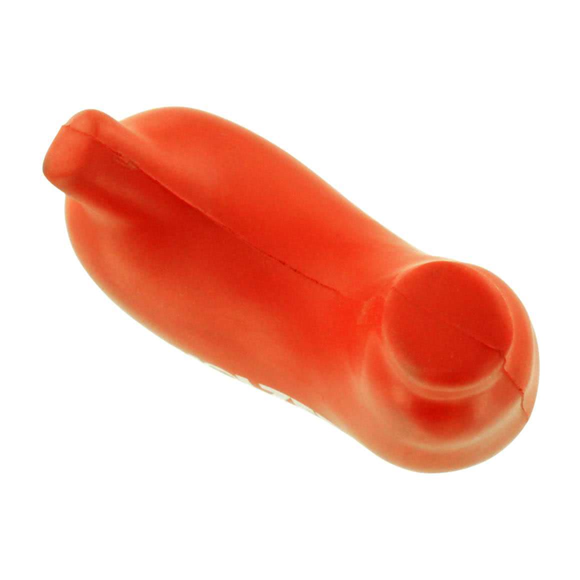 A red stomach-shaped stress reliever with a smooth texture and a small opening. It features a logo.