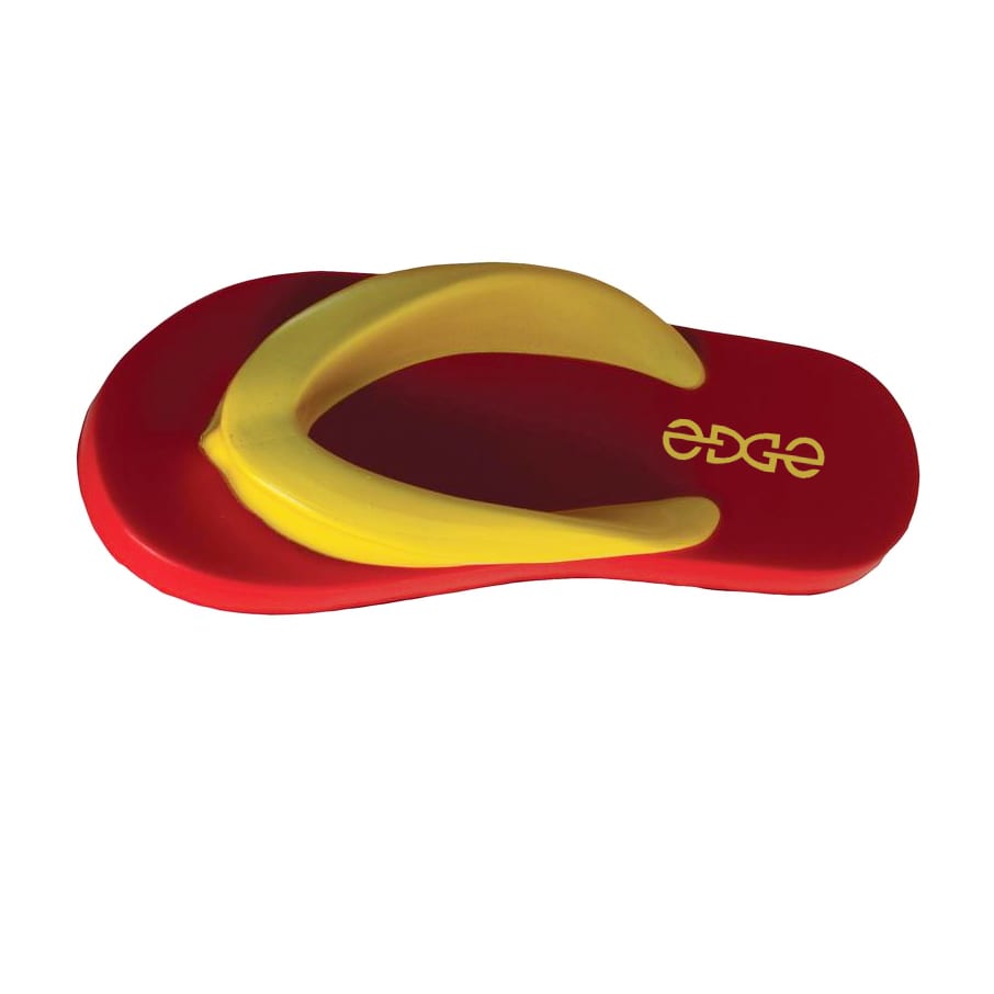 A red and yellow flip-flop shaped stress reliever with a logo on the side.