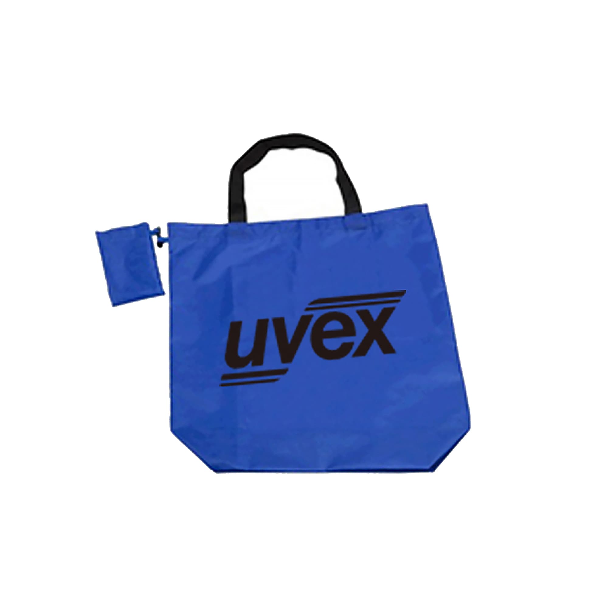 A foldaway blue shopping bag with black handles and a small matching clip pouch, featuring a logo.