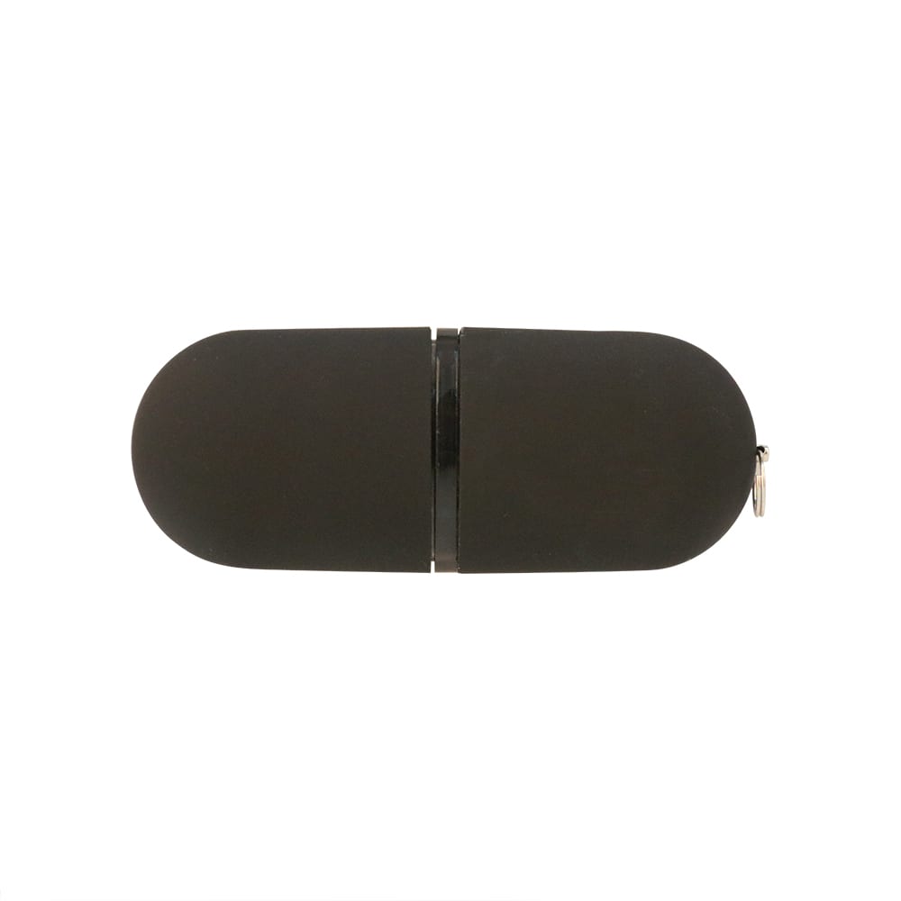 A sleek black flash drive with a rounded design and a zippered closure, featuring a logo on its surface.