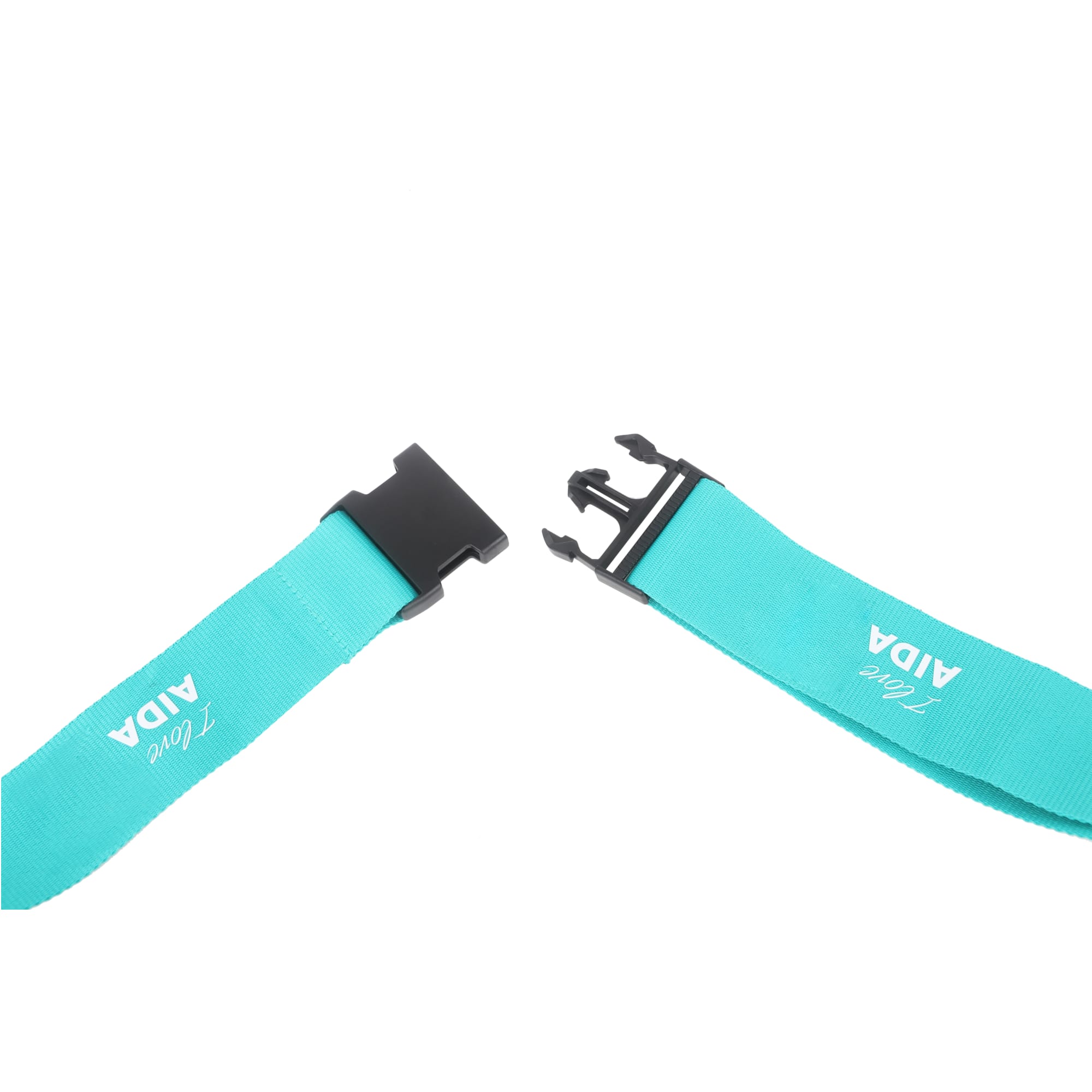 A turquoise luggage belt with black clasps and a logo, designed for securing bags.