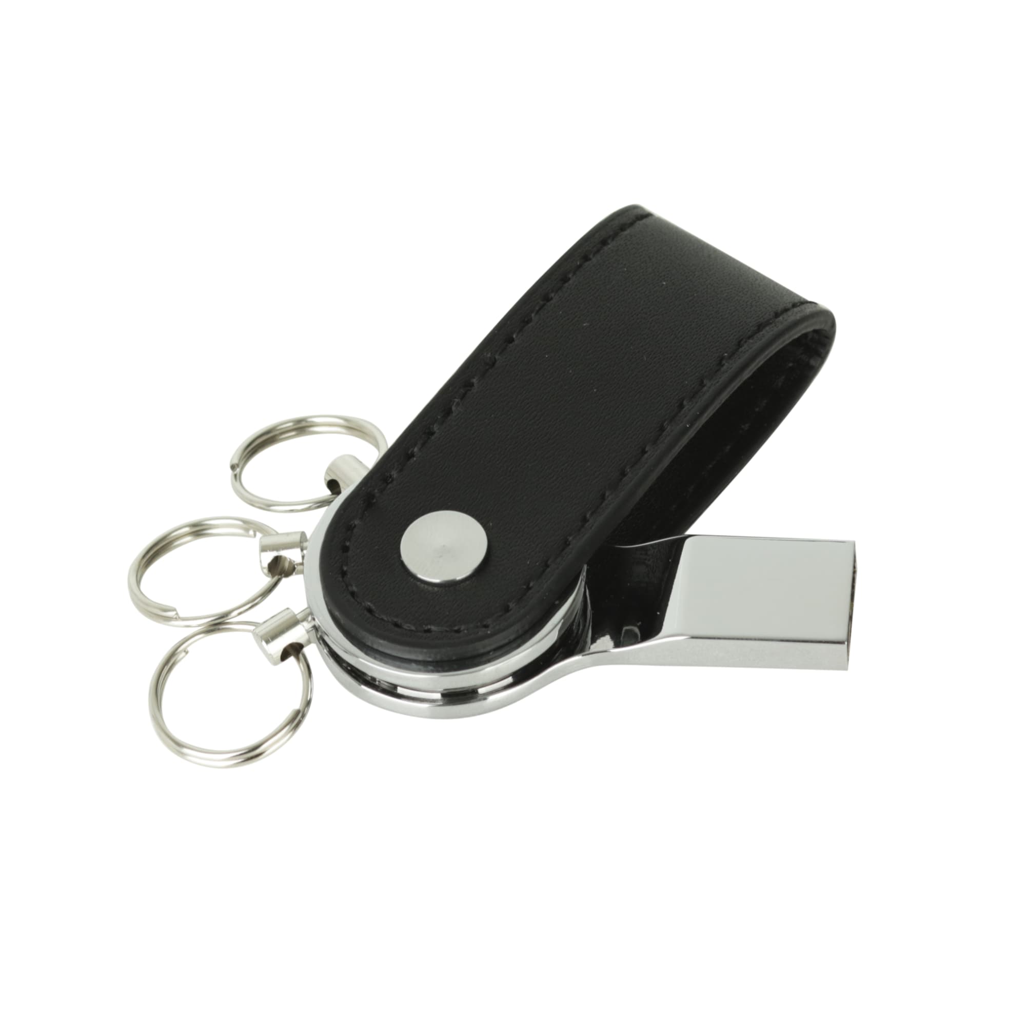 A black PU leather swivel drive with shiny chrome accents and keyring attachments.