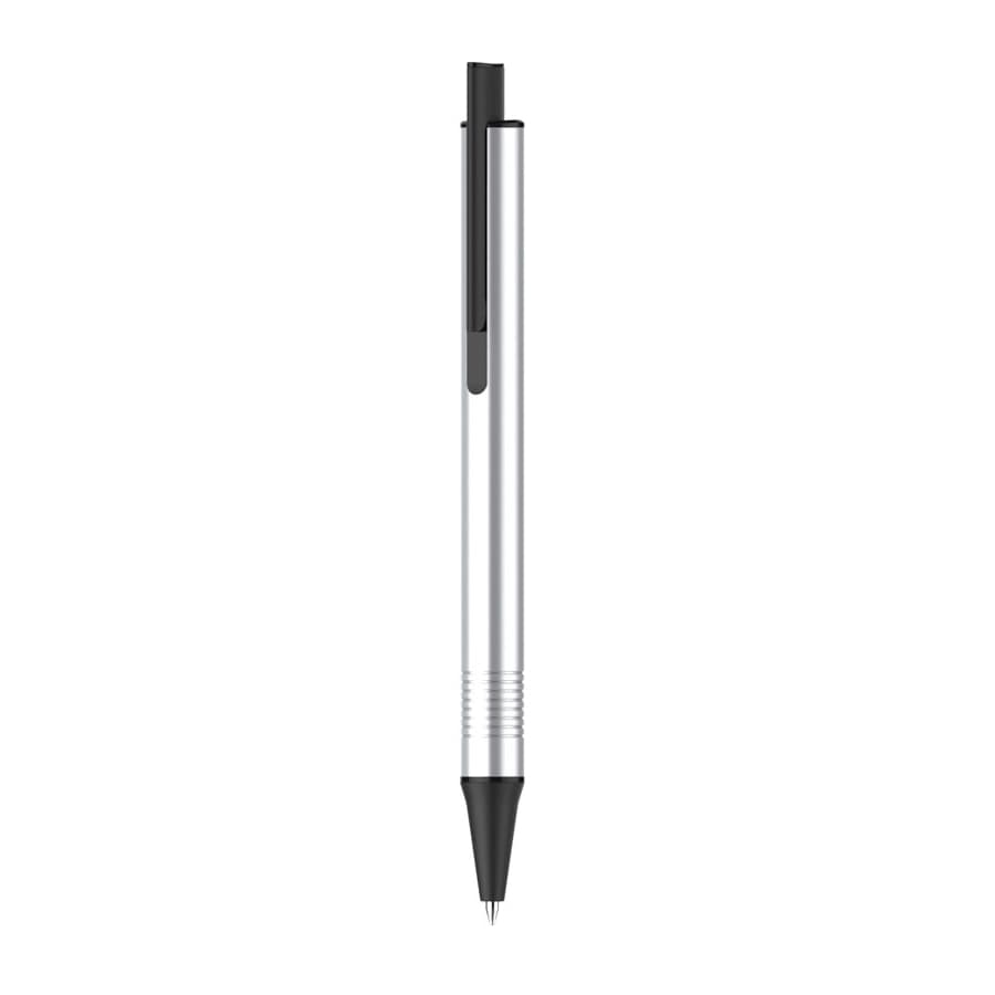 A silver pen with a black tip and clip, featuring a sleek and minimalist design. It has a branding logo.