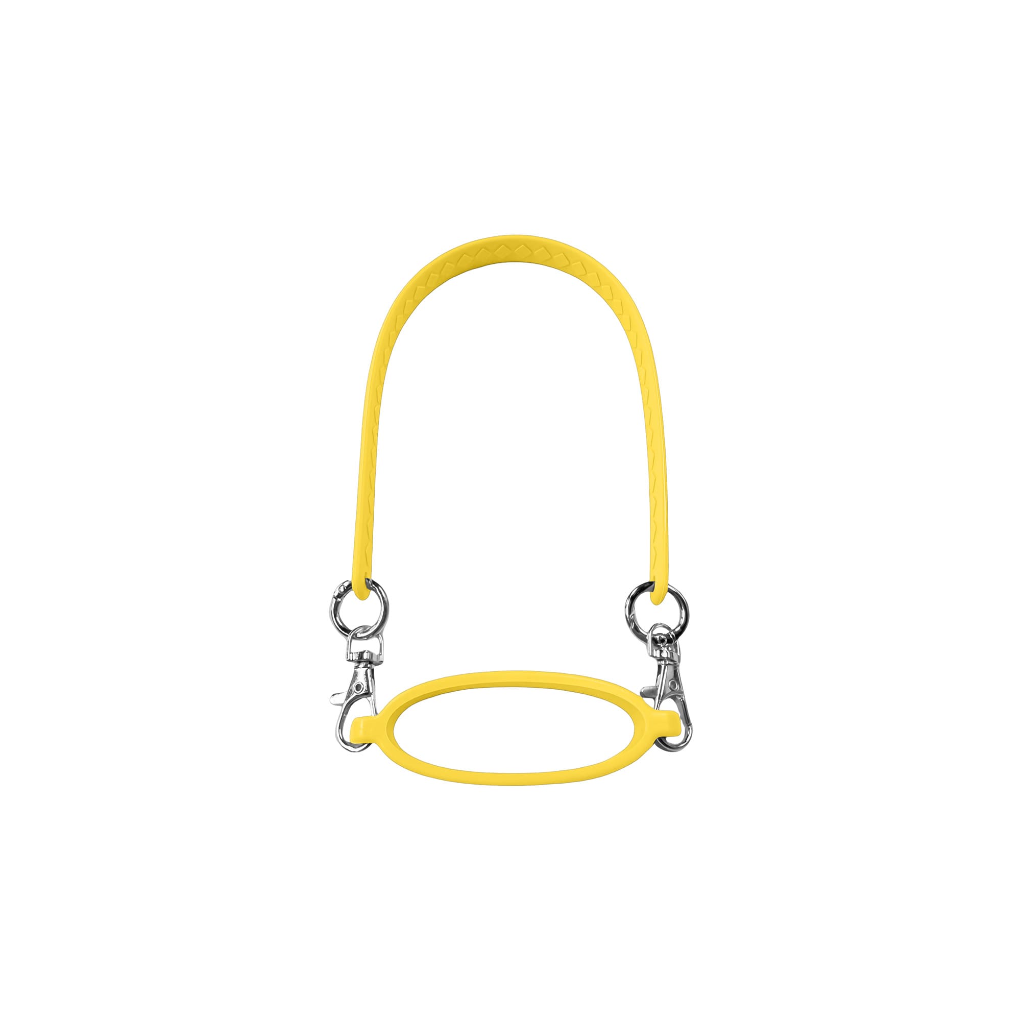A drink bottle carrying strap in bright yellow silicone with metal clips on each end.