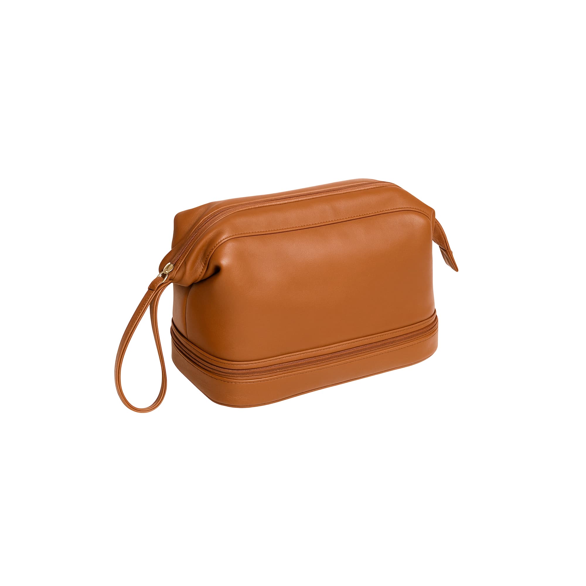 A large capacity PU toiletry bag in a rich brown colour with a zipped top and a wrist strap.