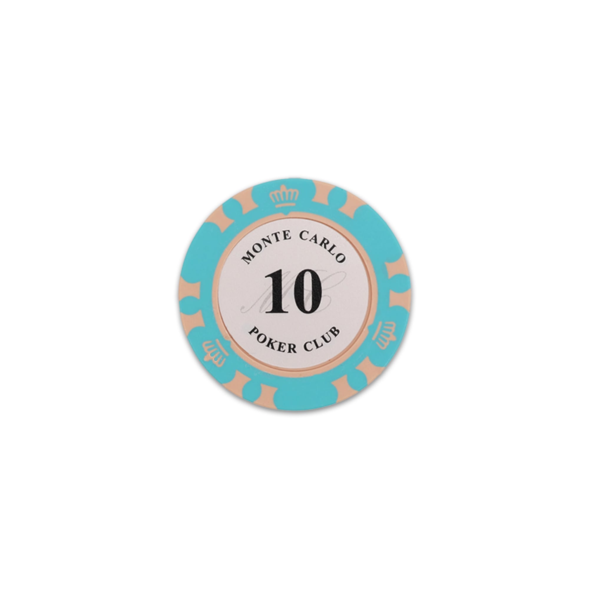 A round poker chip in turquoise and beige, featuring a white centre with the number 10 and a design around the edge.