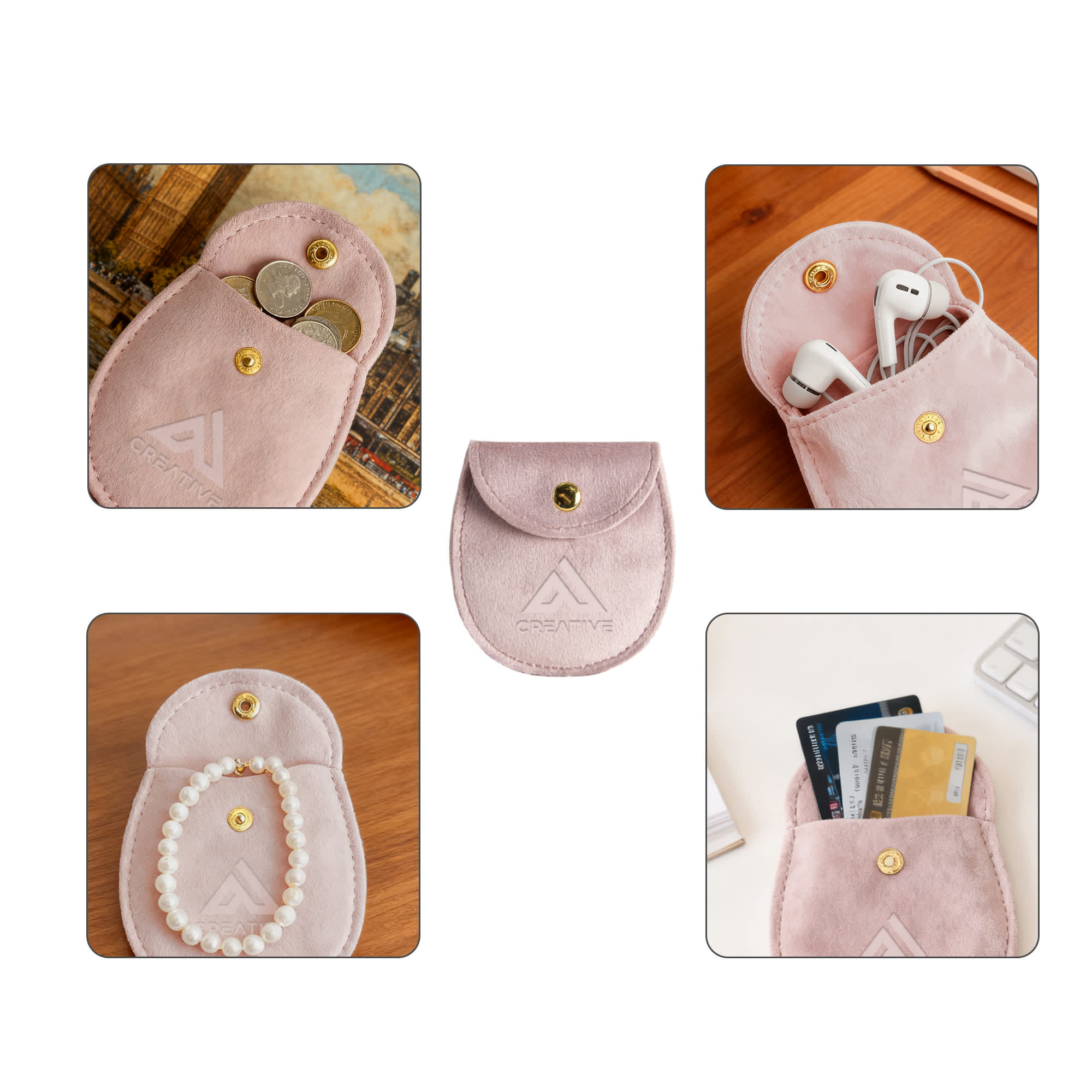 A pink oval velvet jewelry pouch with a snap closure, featuring various items like coins, headphones, and cards inside.