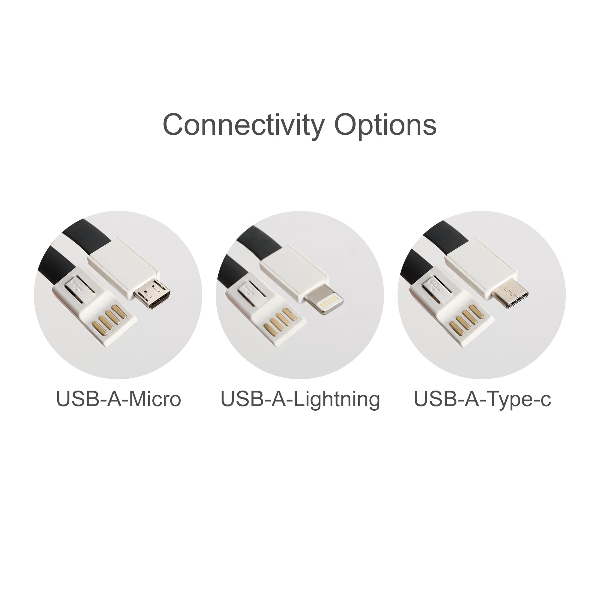 A TPE lanyard charging cable with three connectivity options: USB-A Micro, USB-A Lightning, and USB-A Type-C. The cables are white and black.