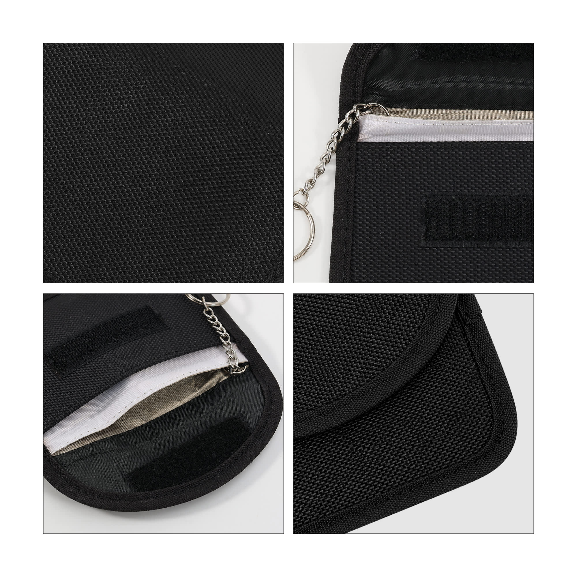 A black RFID blocking key pouch featuring a textured surface, zipper compartment, and a keychain attachment.