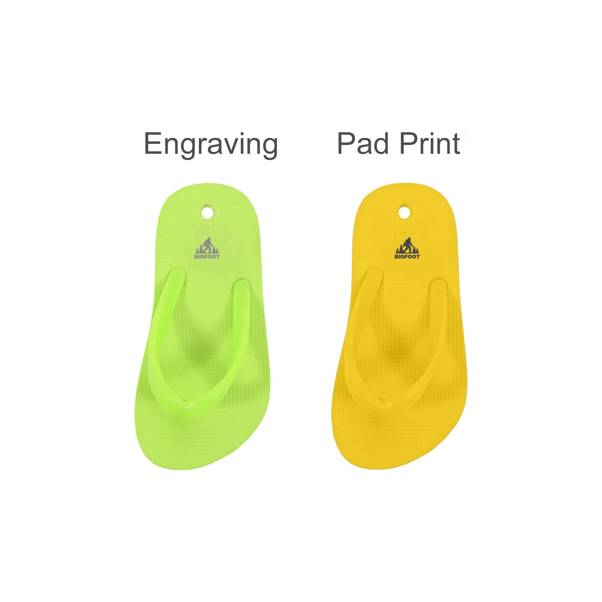 A pair of flip-flop shoe charms in bright green and yellow, featuring a logo on the surface.