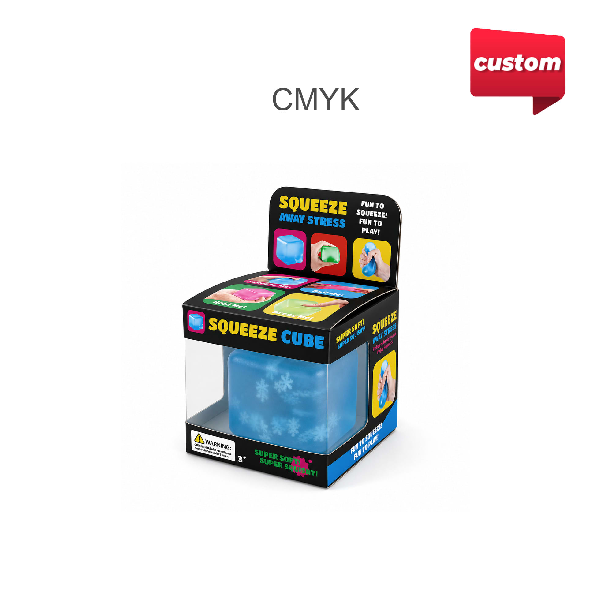 A blue snowflake cube in a black packaging with colourful graphics and a logo.