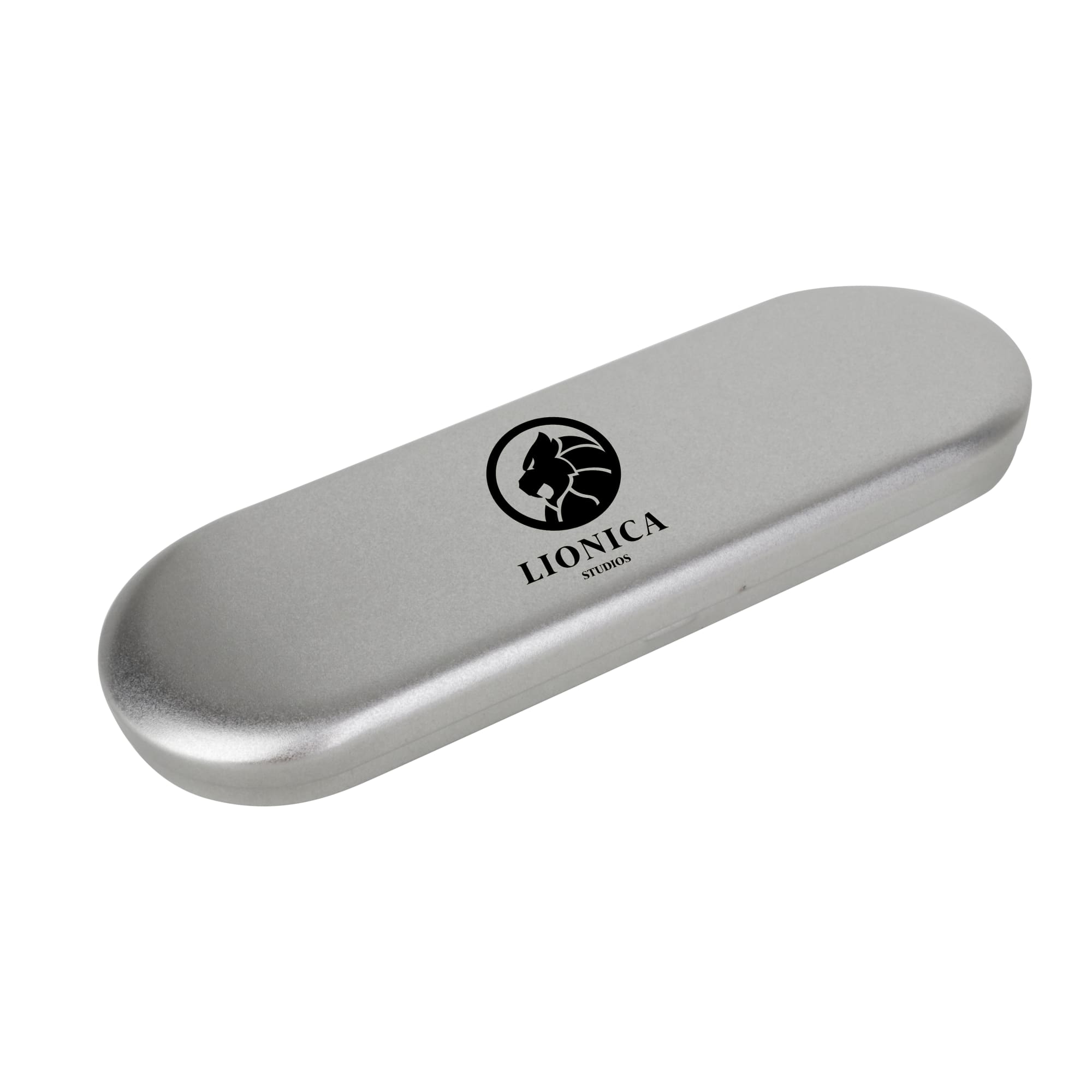 A silver tin with a black foam insert, featuring a logo on the lid. Suitable for pen packaging.