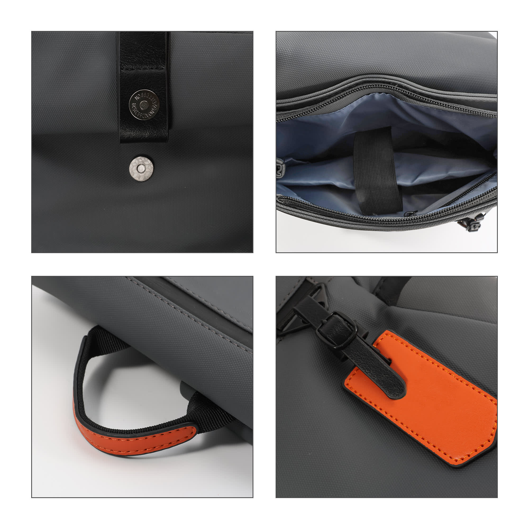 A grey Flap Laptop Backpack featuring a black strap, orange accent, and interior compartments. Includes a logo.