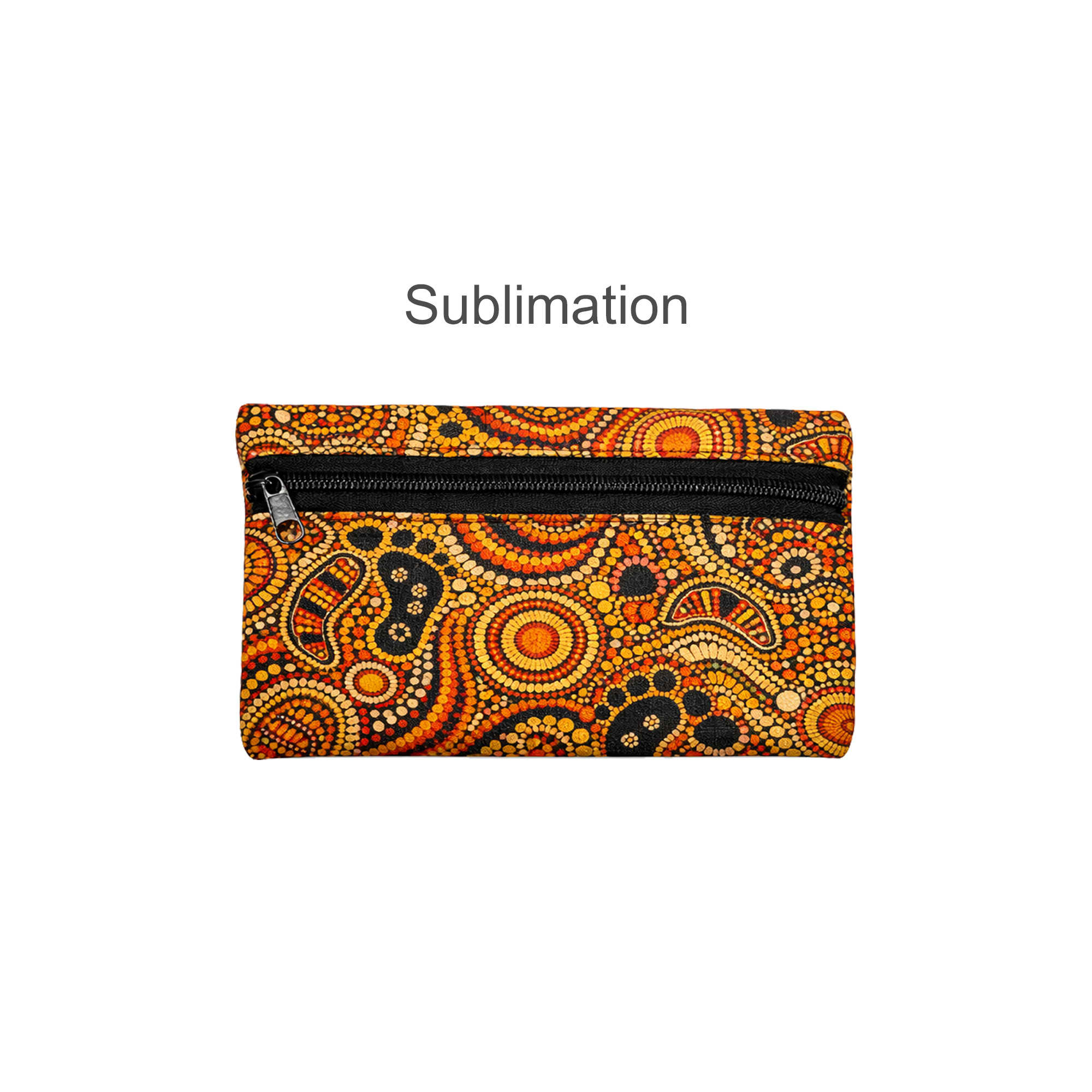 A small neoprene pencil pouch featuring a vibrant Aboriginal-inspired pattern in orange, black, and yellow with a zip closure.