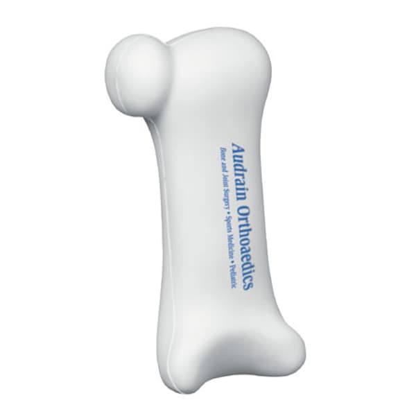 A white human bones-shaped stress reliever featuring a logo, ideal for stress relief and fun.