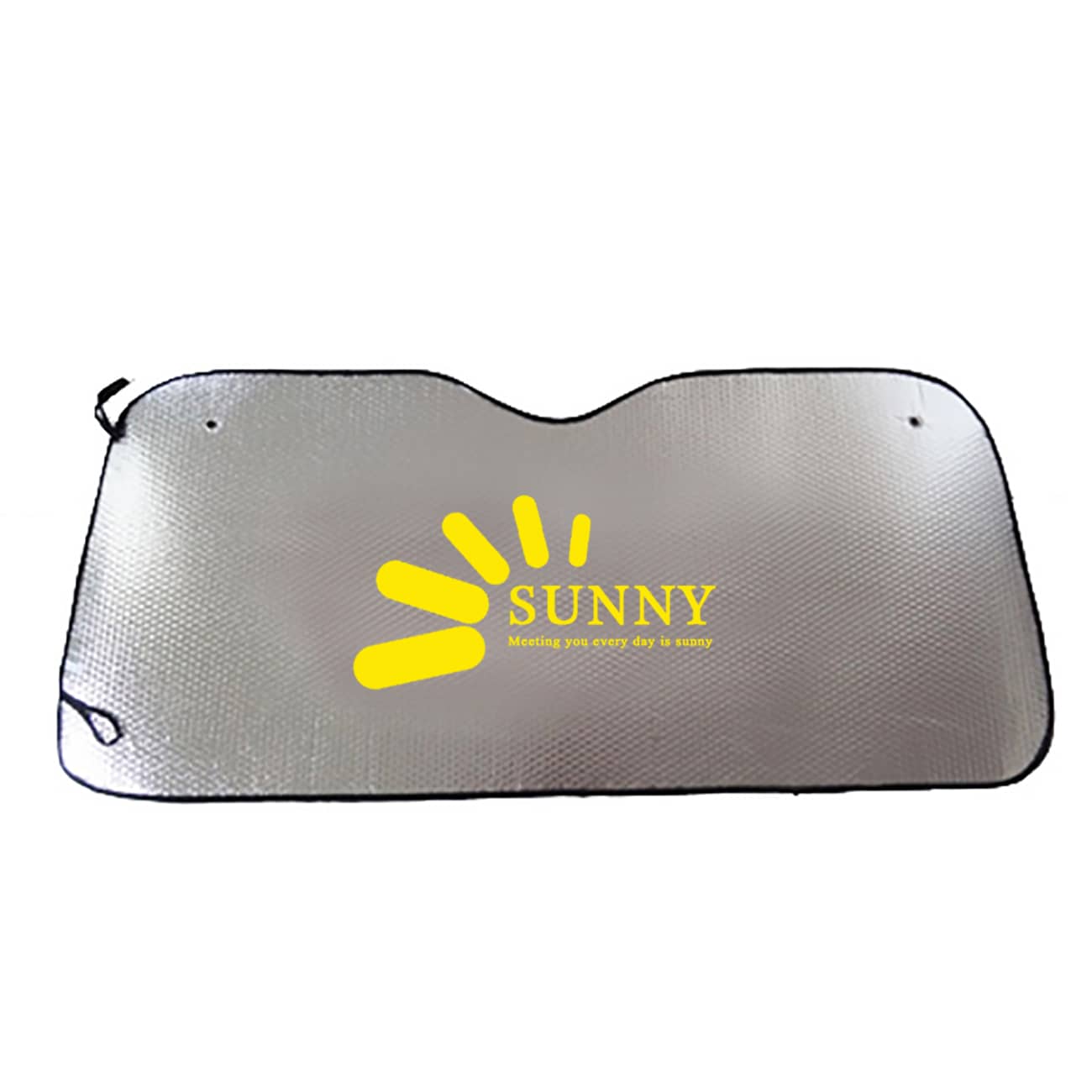A reflective silver car shade with a black edge, featuring a prominent logo.