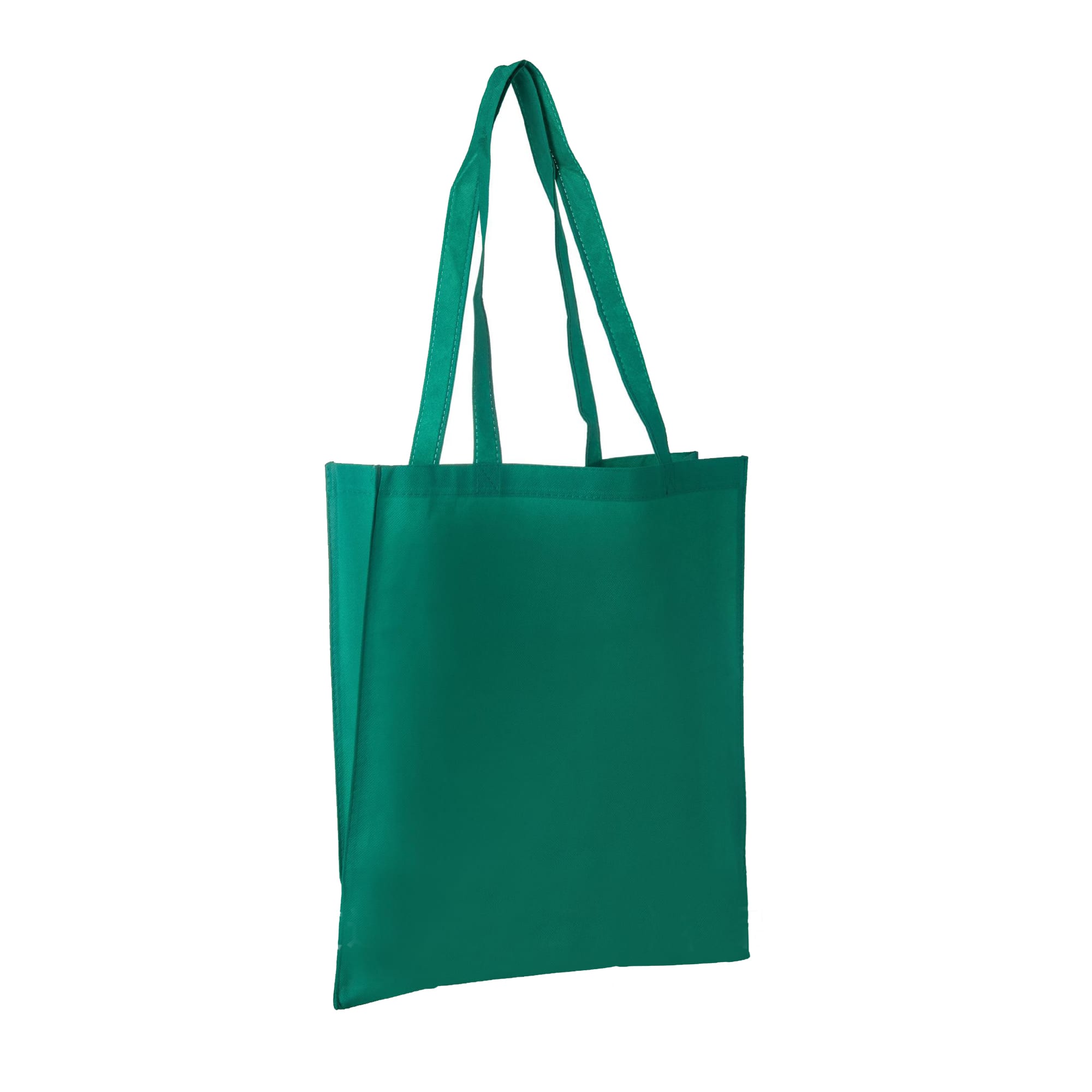 A green non-woven long handle bag with a V gusset and two straps, featuring a logo.