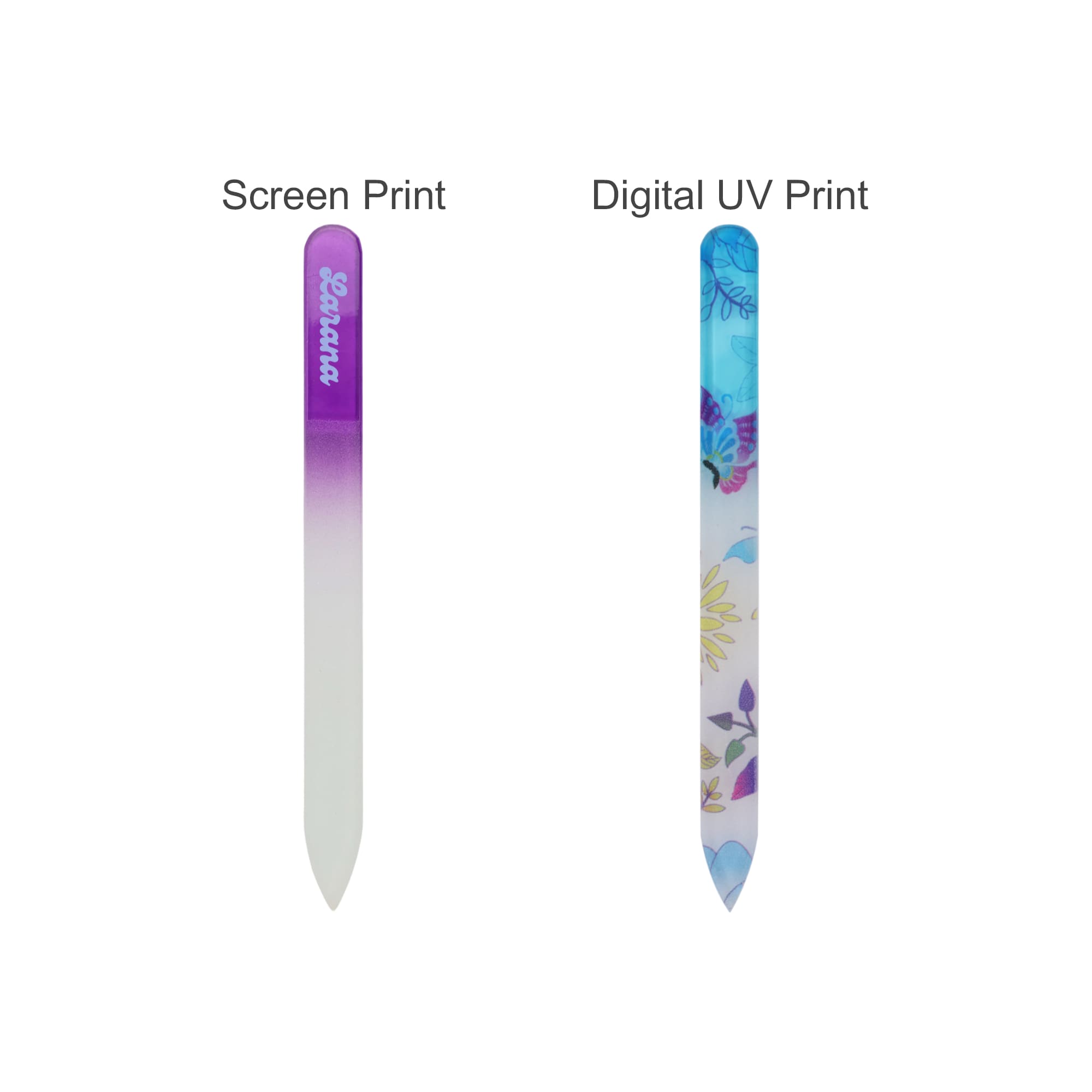 A crystal glass nail file with a purple and white gradient on one side and a floral design on the other.