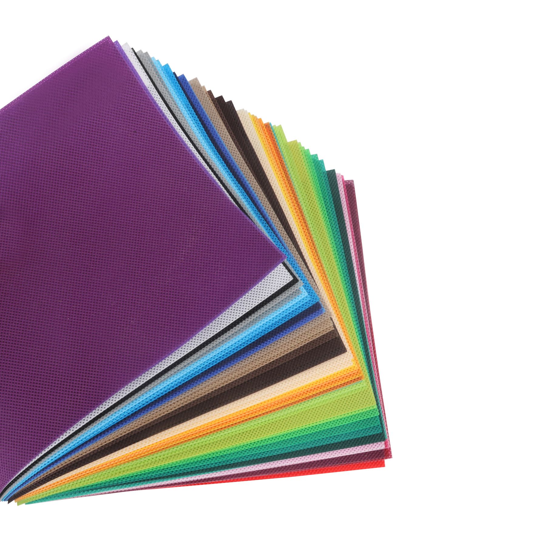 A collection of non-woven fabric sheets in various colours, arranged in a fan shape. Some sheets include a textured pattern.
