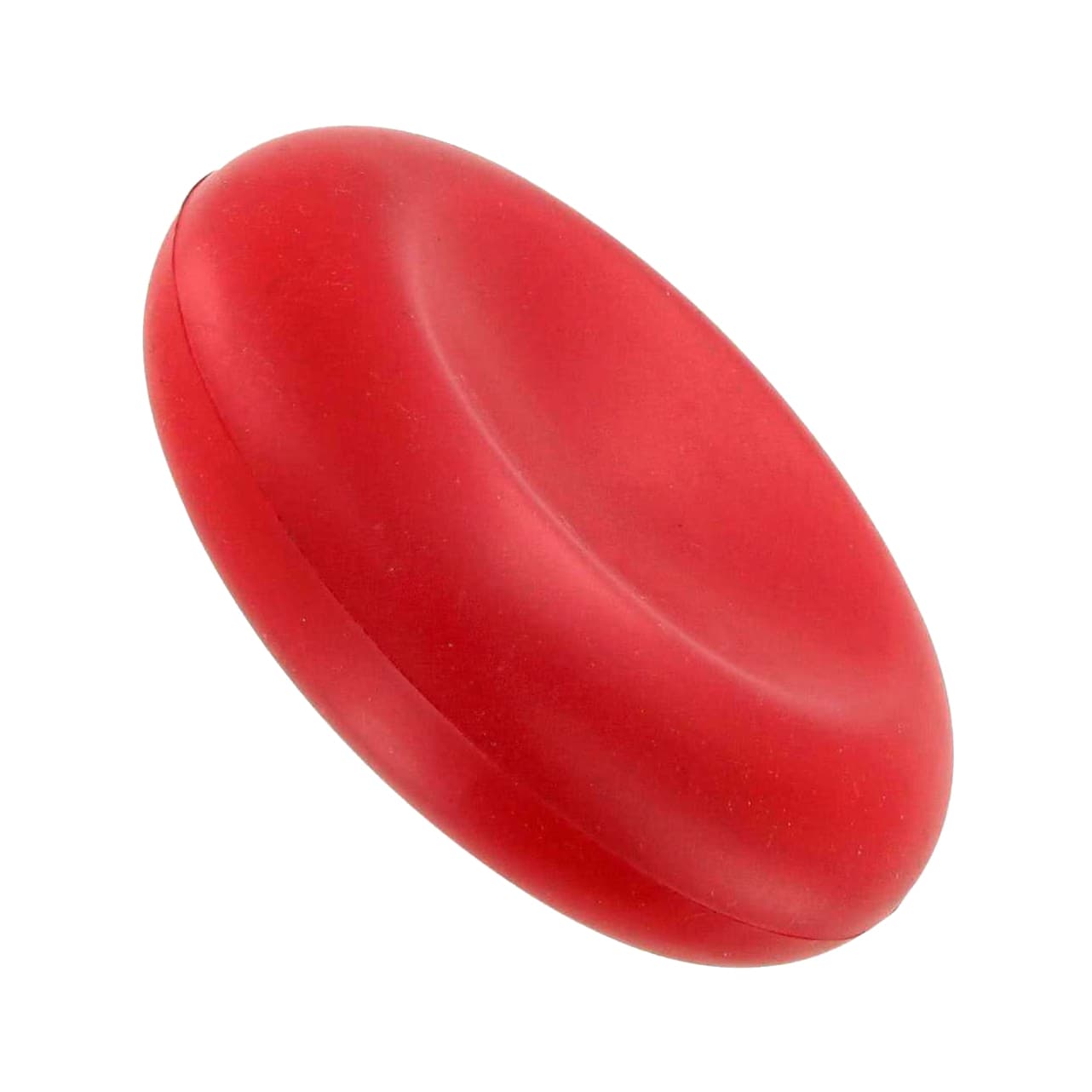 A red cell-shaped stress reliever with a smooth finish and rounded edges. It features a logo on one side.