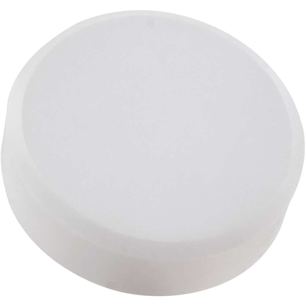 A round, white tablet-shaped stress reliever with a smooth surface and a subtle rounded edge.