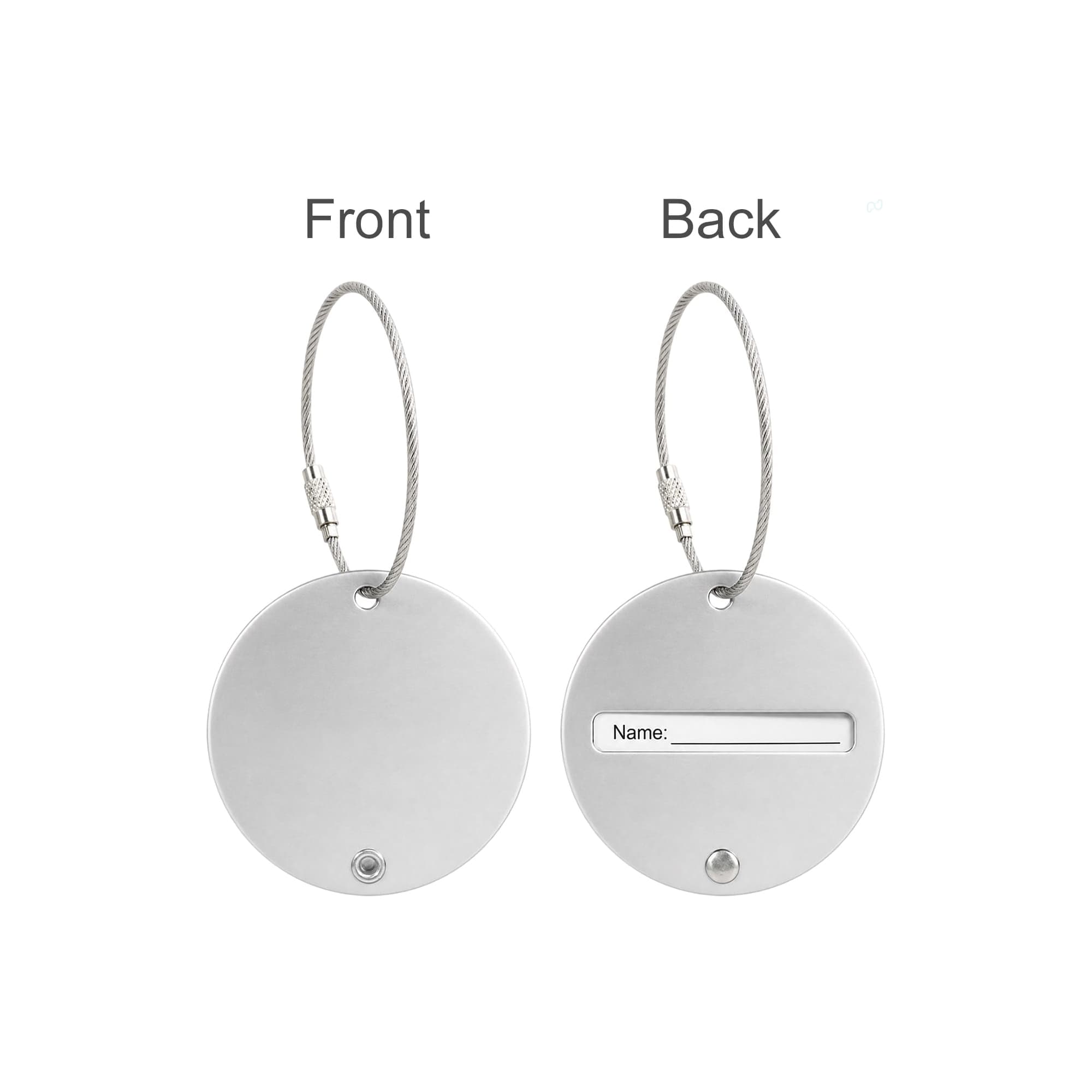 A round silver wire cable luggage tag with a smooth front and a back featuring a name slot.
