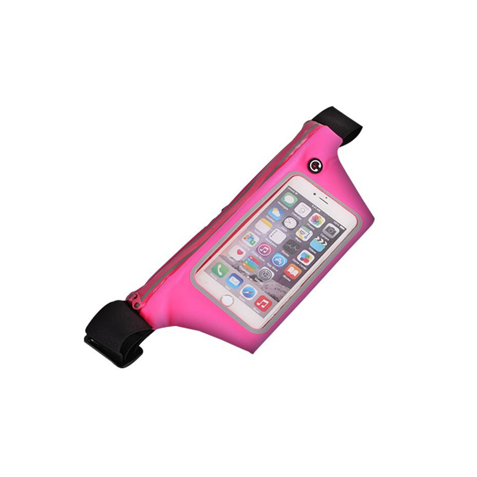 A pink sports waist bag with a transparent pocket designed to hold a mobile phone, featuring an adjustable strap.