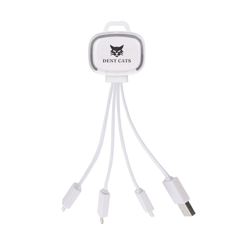 A white LED charging cable with multiple connectors and a logo, featuring a USB and two other connectors.
