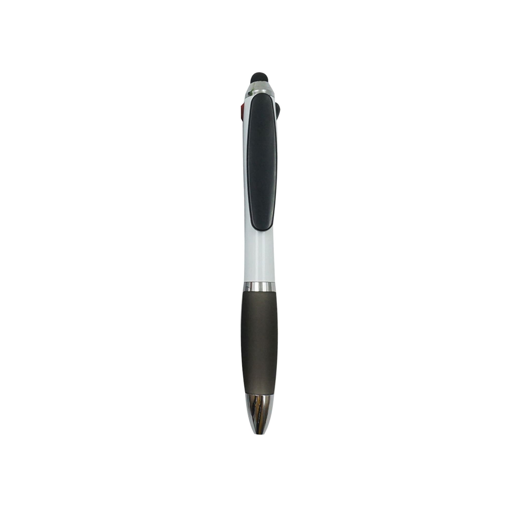 A three-colour ball pen featuring a sleek white barrel, black grip, and silver accents. It has a logo on the barrel.