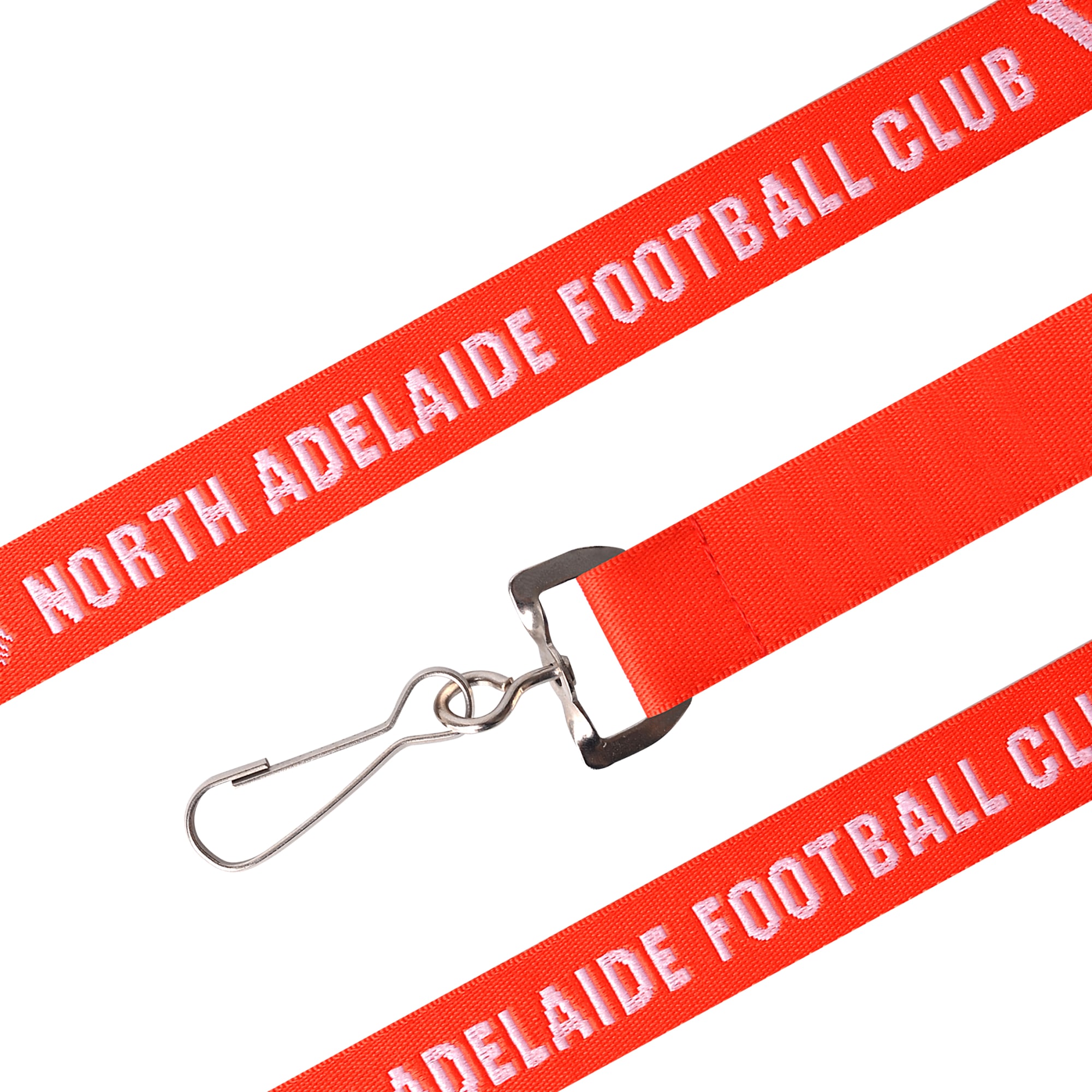A red woven lanyard with a metal clip and branding for a football club.