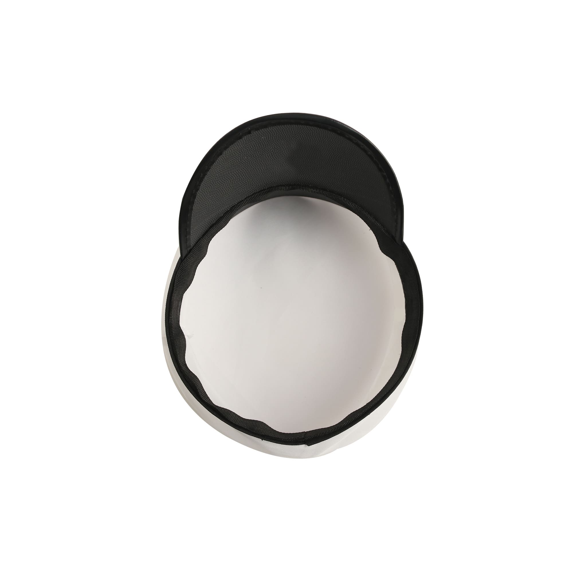 A black cap with a curved brim, featuring a circular opening at the top. The interior is white. It has a logo.