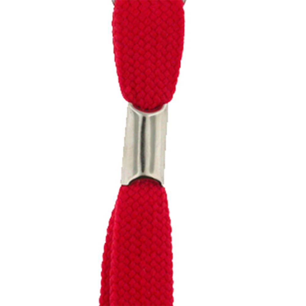 A red braided rope with a silver metal clamp attached in the centre, featuring a simple design.