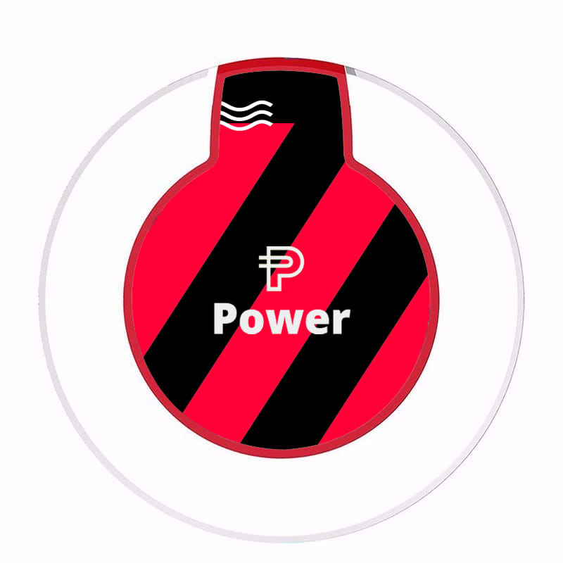 A round wireless charger in red and black with a logo and lines indicating charging functionality.