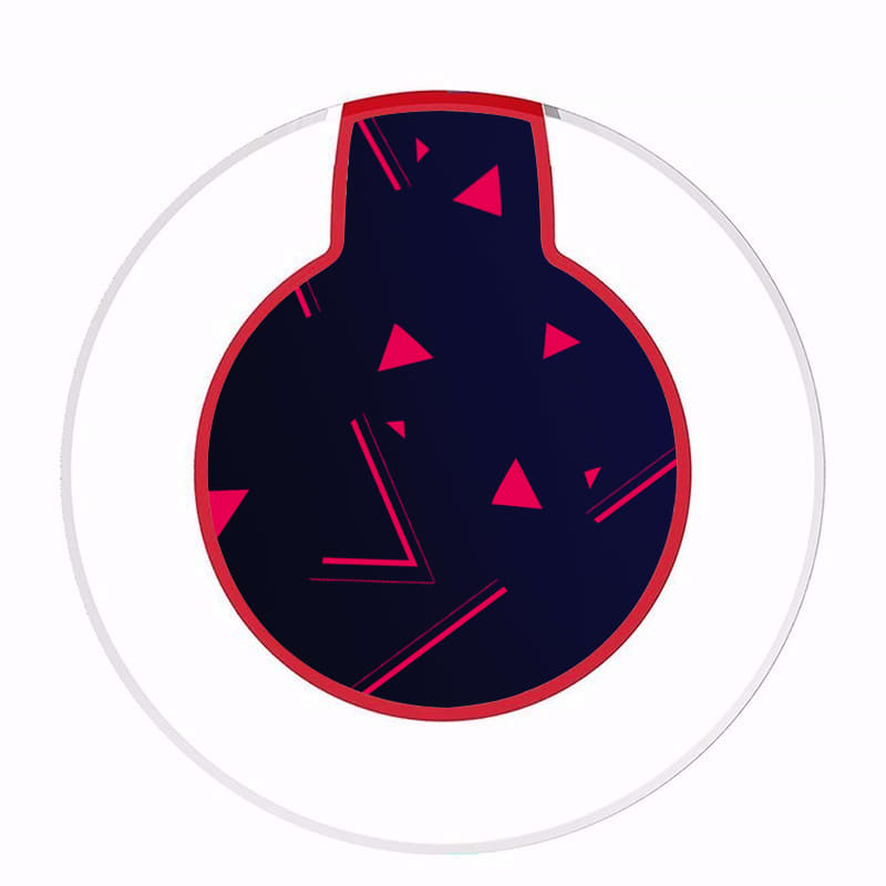 A wireless charger with a round shape featuring a navy background and vibrant red geometric patterns. It has a logo.