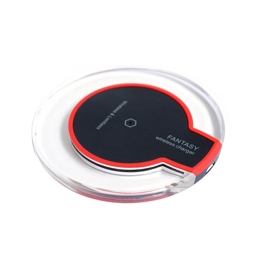 A round wireless charger with a black surface and a red border, featuring a clear casing and a logo.
