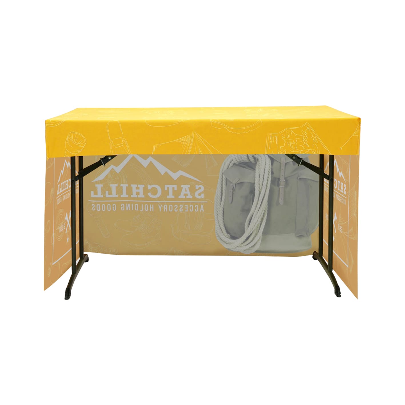 A yellow 3-side fitted tablecloth for a 4ft table, featuring a logo and a grey bag with ropes hanging.