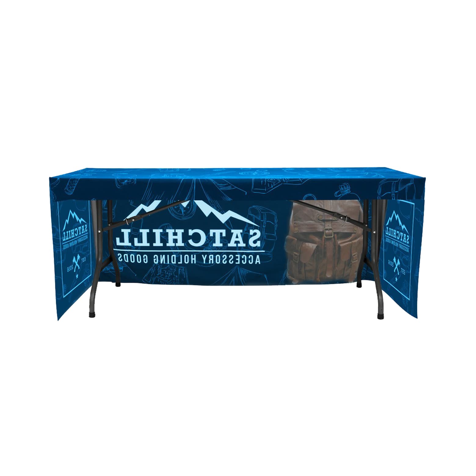 A 4ft blue fitted tablecloth featuring a logo and a graphic design, draping over a folding table.