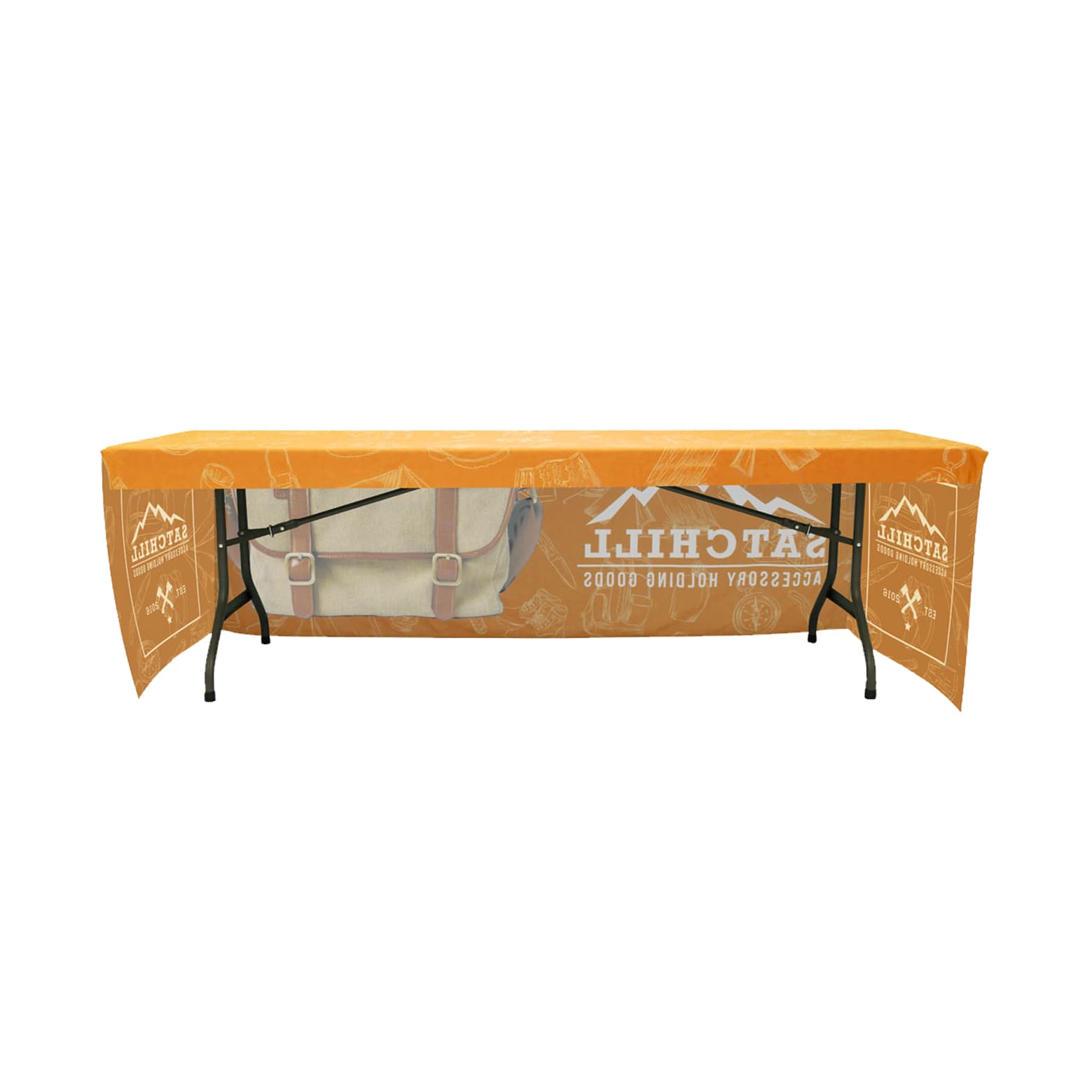 An orange 3-side fitted table cloth for a 4ft table, featuring a logo and an outdoor-themed design.