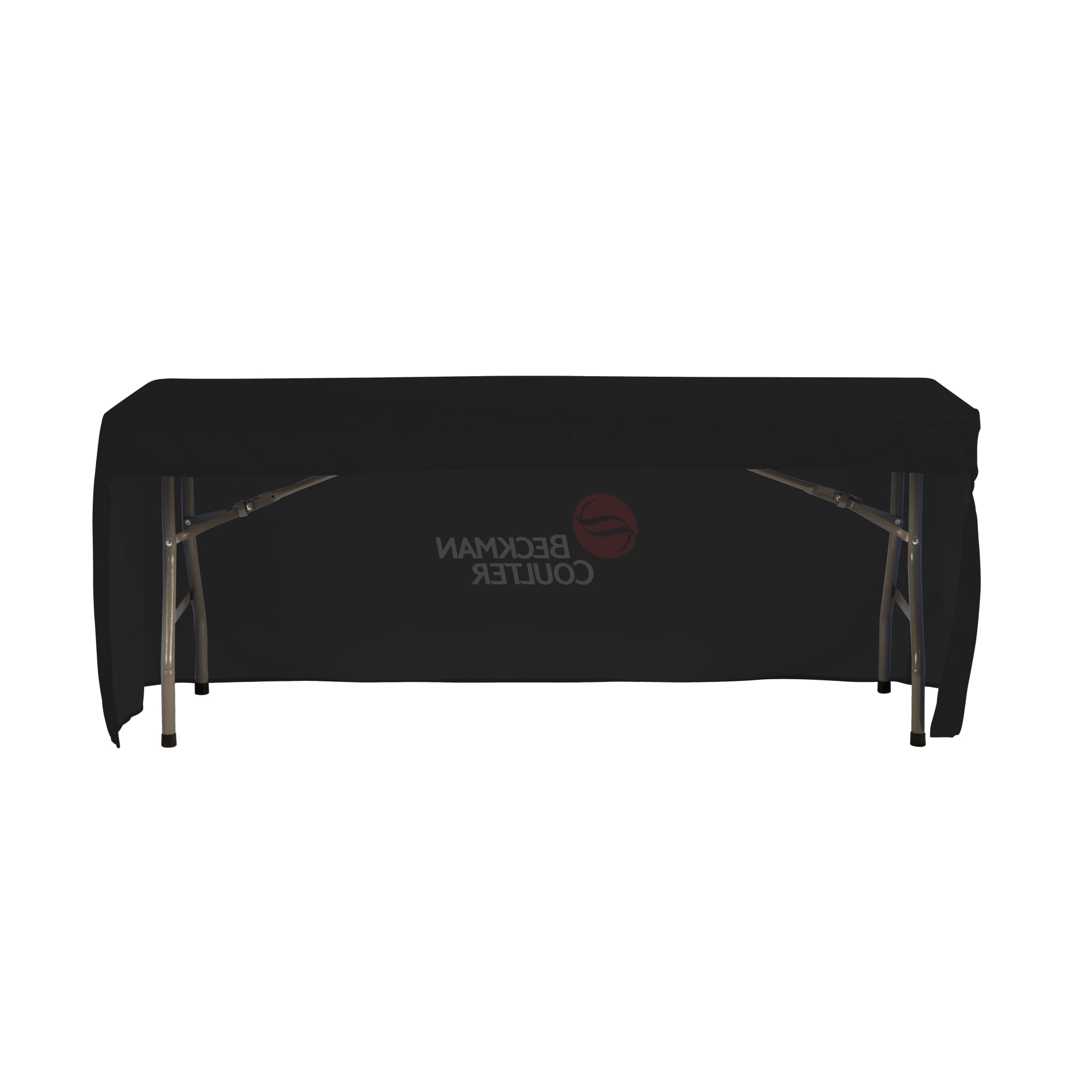 A black 3-side fitted tablecloth draped over a six-foot table with a logo visible on the front.