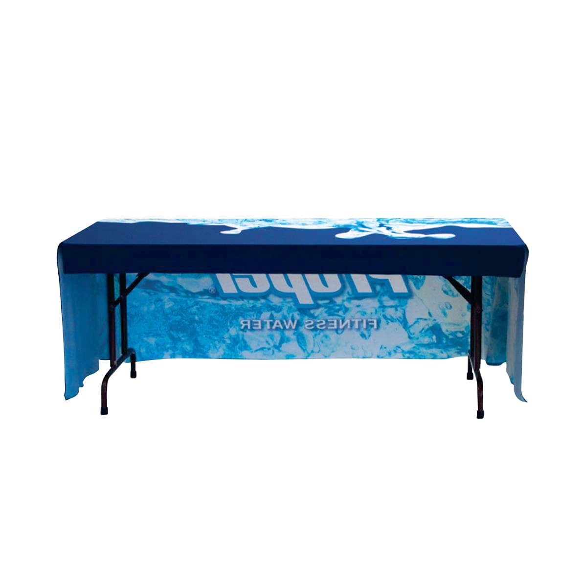 A fitted tablecloth in blue with a water design, designed for a 6ft table, featuring a logo.