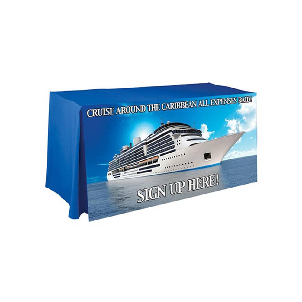 A blue four-sided pleated tablecloth featuring a graphic of a cruise ship and promotional text.