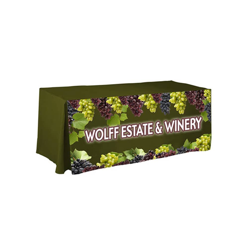 A green four-sided pleated tablecloth featuring a grapevine design and a logo.