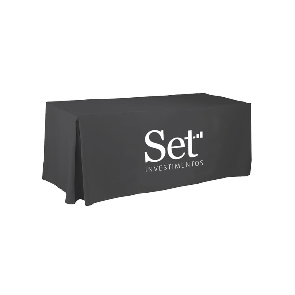 A four-sided pleated tablecloth in black featuring a logo. Suitable for a 4ft table.