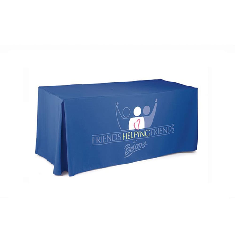 A blue, four-sided pleated tablecloth with a logo on the front.