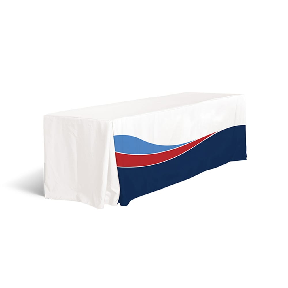A 4ft table cloth featuring pleated sides in white, navy blue, and red wave design, with a logo on one side.