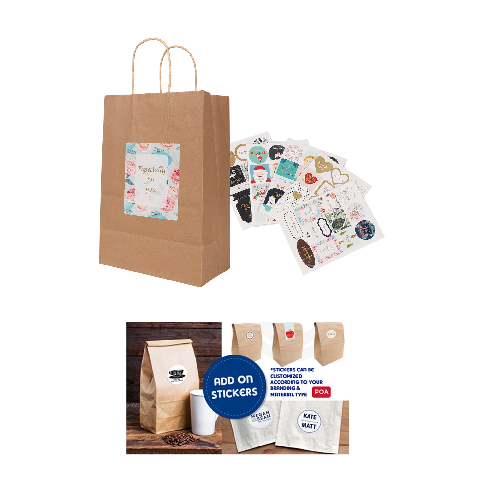 A kraft paper bag with twisted handles, featuring a decorative label and assorted stickers. The bag is brown.