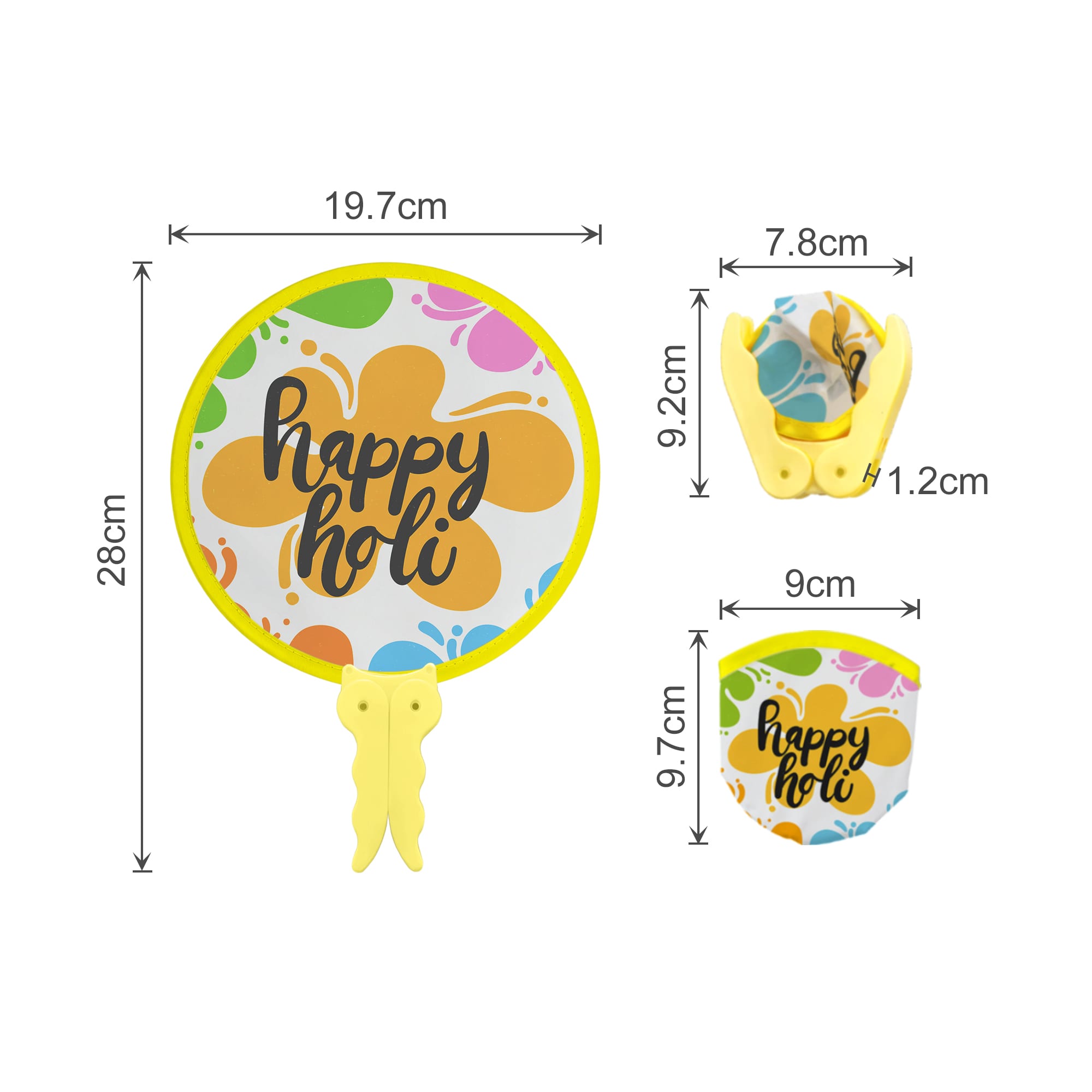 A foldable fan featuring a colourful design with a yellow handle and the text 'happy holi'.