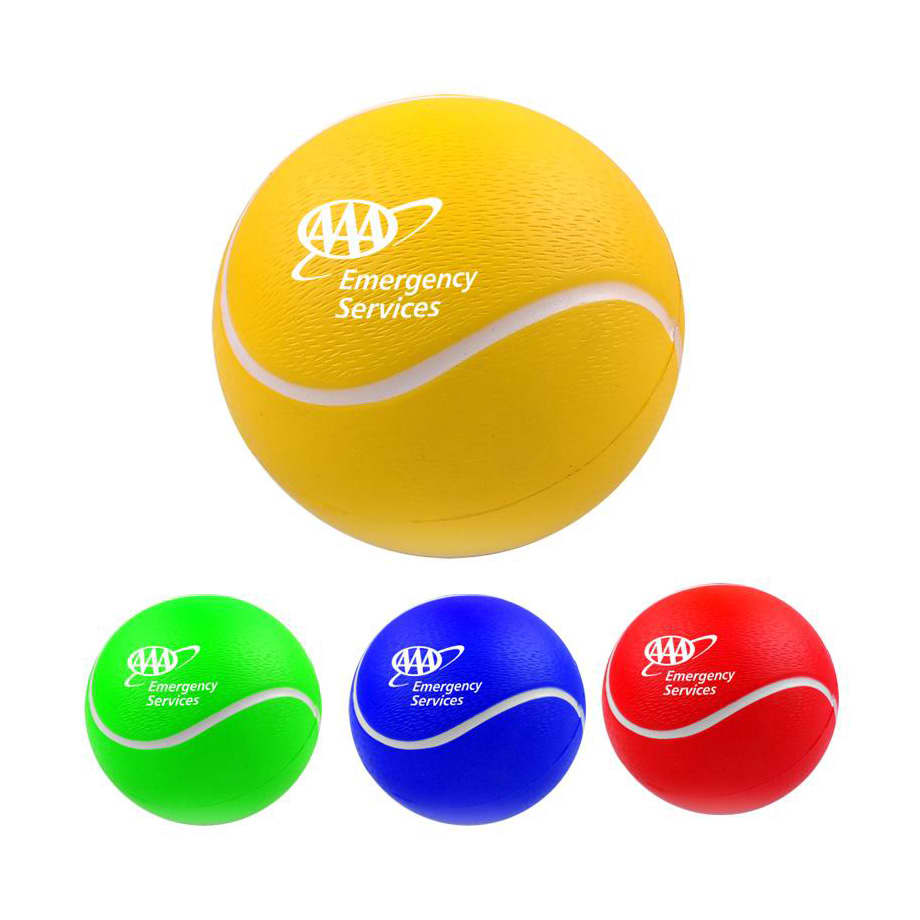 A yellow tennis-shaped stress reliever with a logo, accompanied by green, blue, and red stress balls.