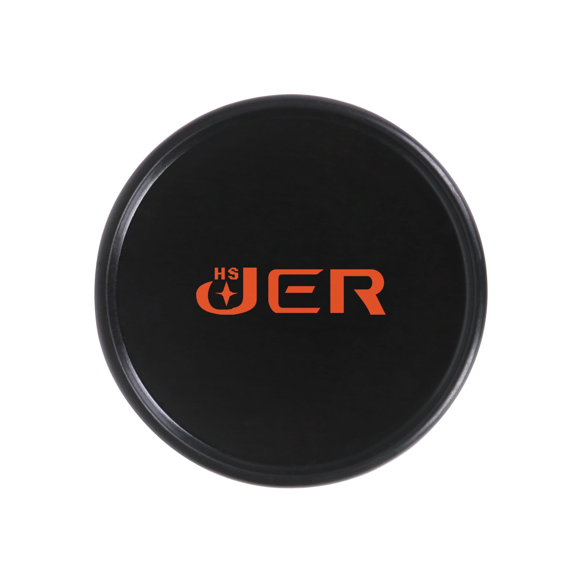 A black lid with a circular shape, featuring a logo in orange. It is designed for medium kraft paper cylinders.